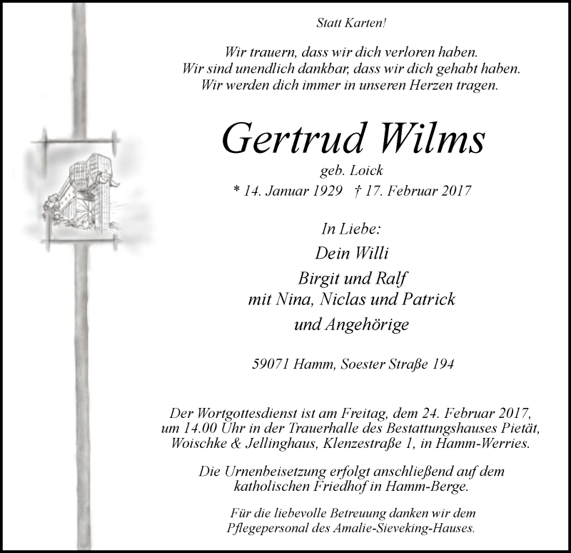  Traueranzeige für Gertrud Wilms vom 21.02.2017 aus MZV