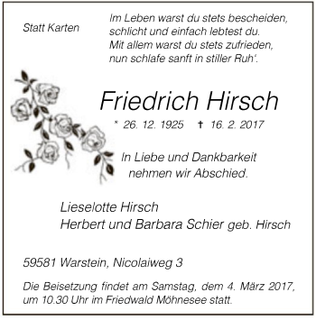 Traueranzeige von Friedrich Hirsch von MZV