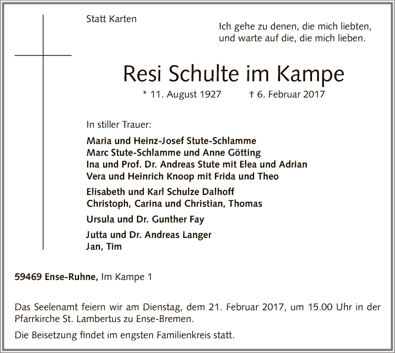  Traueranzeige für Resi Schulte im Kampe vom 08.02.2017 aus MZV