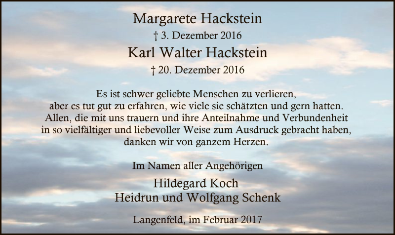  Traueranzeige für Margarete und Karl-Walter Hackstein vom 11.02.2017 aus MZV