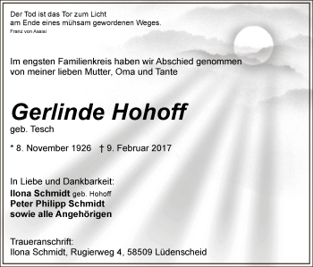 Traueranzeige von Gerlinde Hohoff von MZV