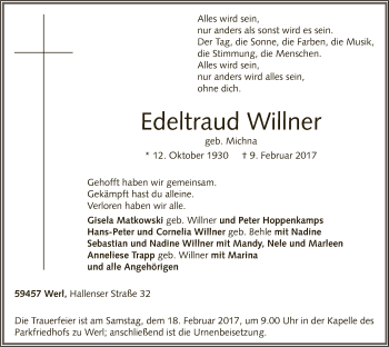 Traueranzeige von Edeltraud Willner von MZV