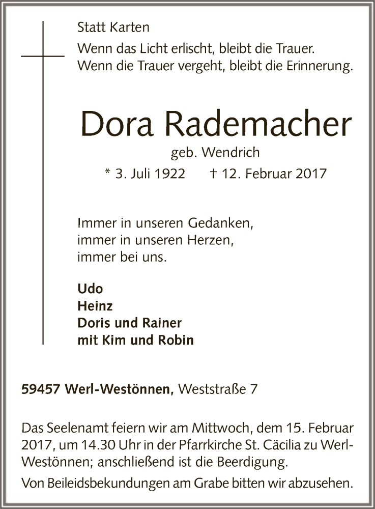  Traueranzeige für Dora Rademacher vom 14.02.2017 aus MZV