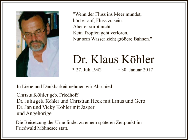  Traueranzeige für Klaus Köhler vom 03.02.2017 aus MZV