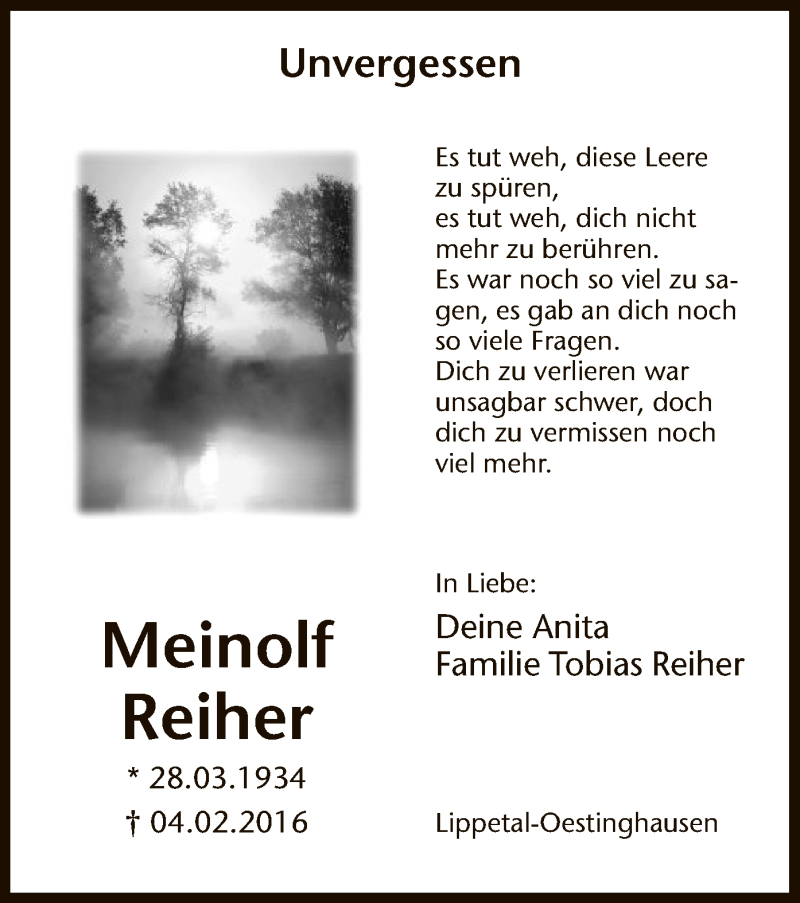  Traueranzeige für Meinolf Reiher vom 04.02.2017 aus MZV