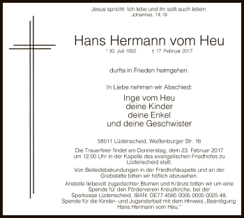 Traueranzeige von Hans Hermann vom Heu von MZV
