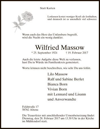Traueranzeige von Wilfried Massow von MZV