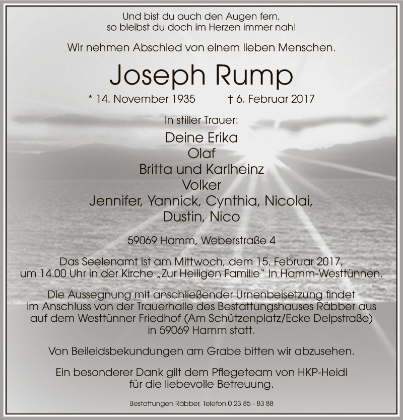  Traueranzeige für Joseph Rump vom 11.02.2017 aus MZV