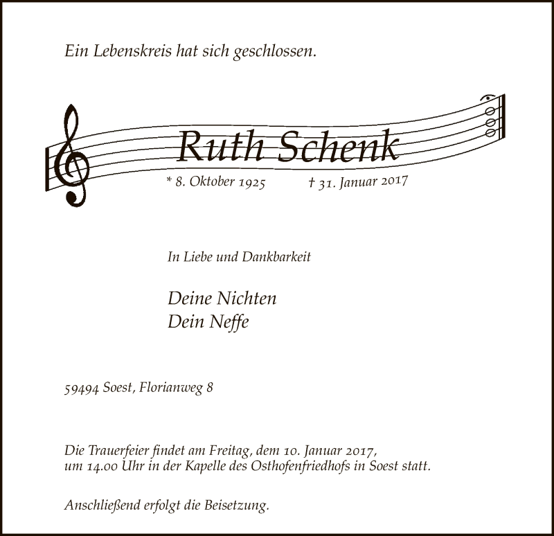  Traueranzeige für Ruth Schenk vom 08.02.2017 aus MZV