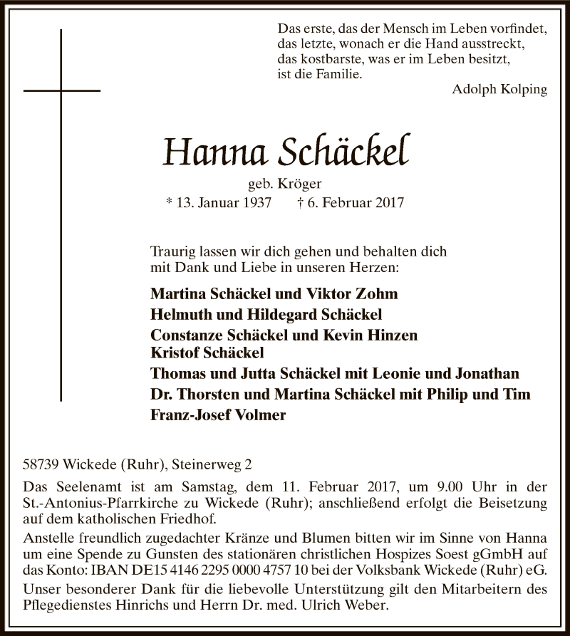  Traueranzeige für Hanna Schäckel vom 08.02.2017 aus MZV