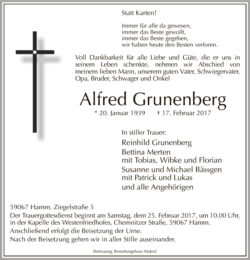  Traueranzeige für Alfred Grunenberg vom 21.02.2017 aus MZV