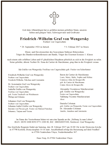 Traueranzeige von Friedrich-Wilhelm Graf von Wengersky von MZV