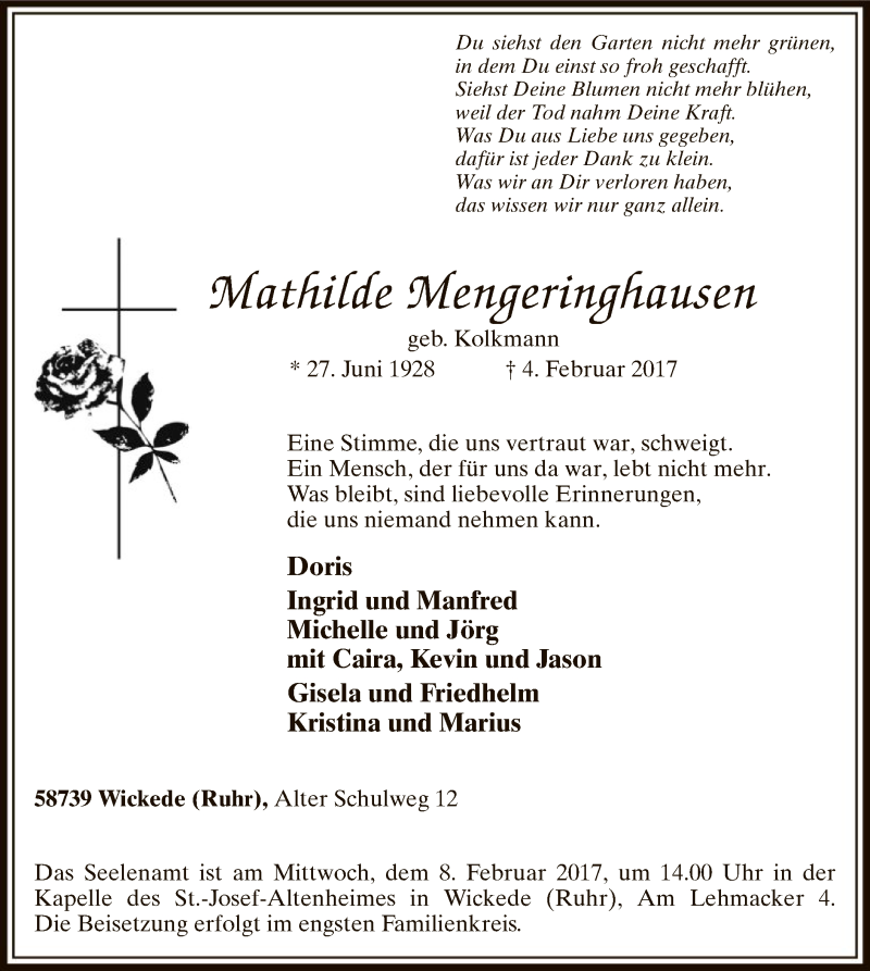  Traueranzeige für Mathilde Mengeringhausen vom 07.02.2017 aus MZV