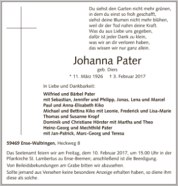 Traueranzeige von Johanna Pater von MZV