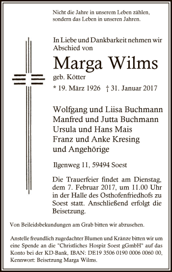Traueranzeige von Marga Wilms von MZV
