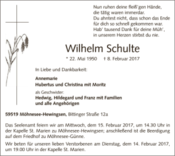 Traueranzeige von Wilhelm Schulte von MZV