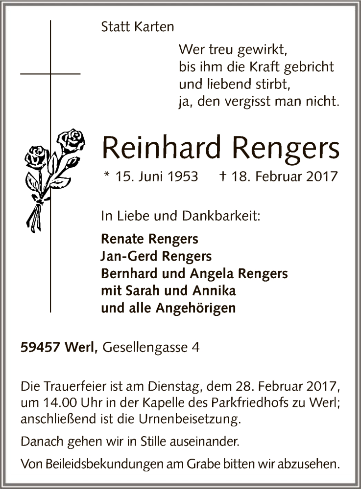  Traueranzeige für Reinhard Rengers vom 21.02.2017 aus MZV