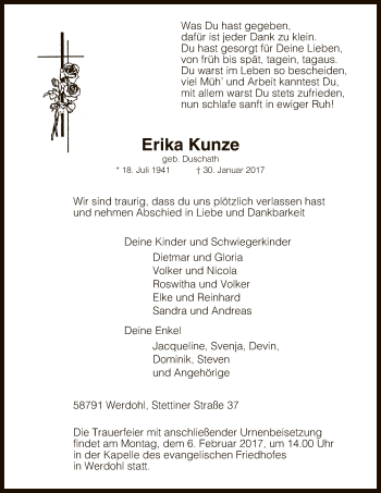 Traueranzeige von Erika Kunze von MZV