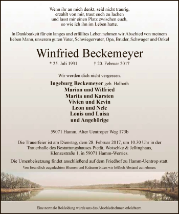 Traueranzeige von Winfried Beckemeyer von MZV