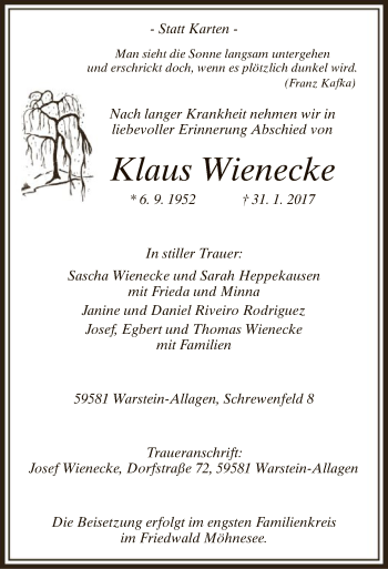 Traueranzeige von Klaus Wienecke von MZV
