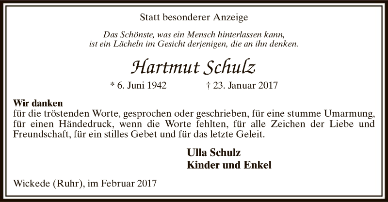  Traueranzeige für Hartmut Schulz vom 25.02.2017 aus MZV