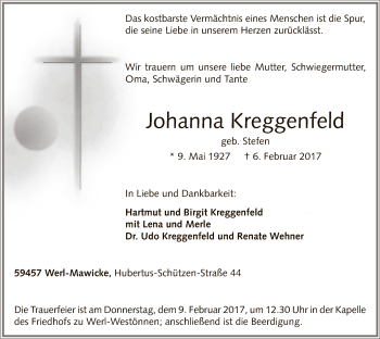 Traueranzeige von Johanna Kreggenfeld von MZV