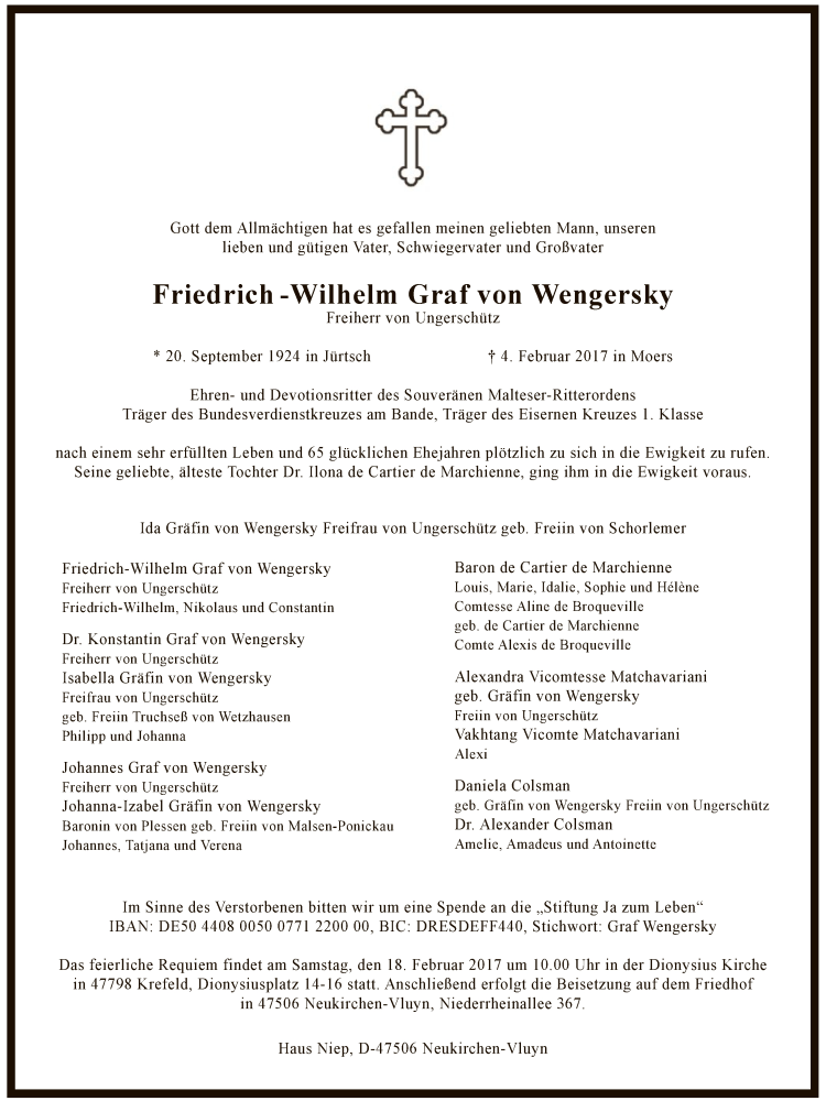  Traueranzeige für Friedrich-Wilhelm Graf von Wengersky vom 11.02.2017 aus MZV