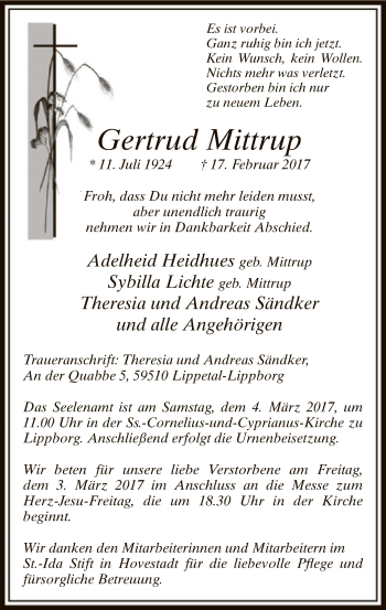 Traueranzeige von Gertrud Mittrup von MZV