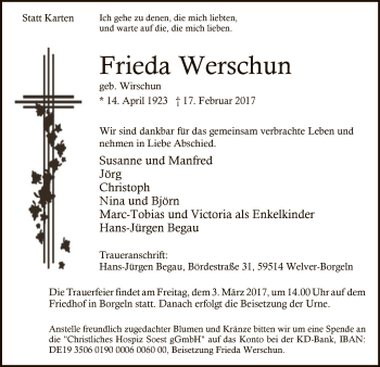 Traueranzeige von Frieda Werschun von MZV