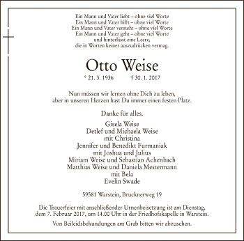 Traueranzeige von Otto Weise von MZV