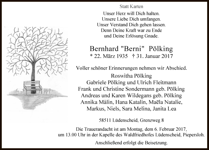  Traueranzeige für Bernhard  Pölking vom 03.02.2017 aus MZV