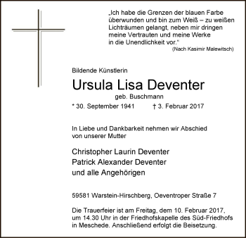 Traueranzeige von Ursula Lisa Deventer von MZV