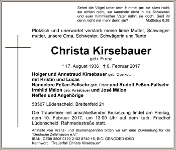 Traueranzeige von Christa Kirsebauer von MZV
