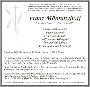 Traueranzeige von Franz Mönninghoff von MZV