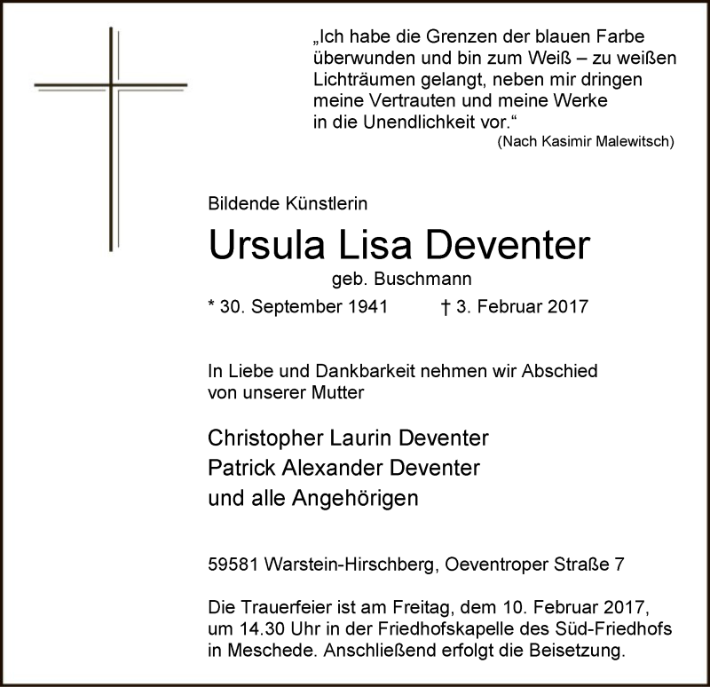  Traueranzeige für Ursula Lisa Deventer vom 08.02.2017 aus MZV