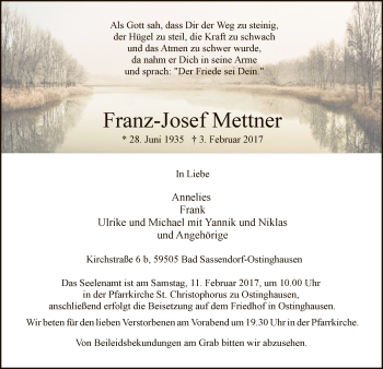 Traueranzeige von Franz-Josef Mettner von MZV