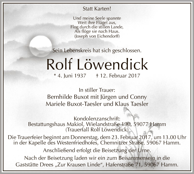  Traueranzeige für Rolf Löwendick vom 18.02.2017 aus MZV