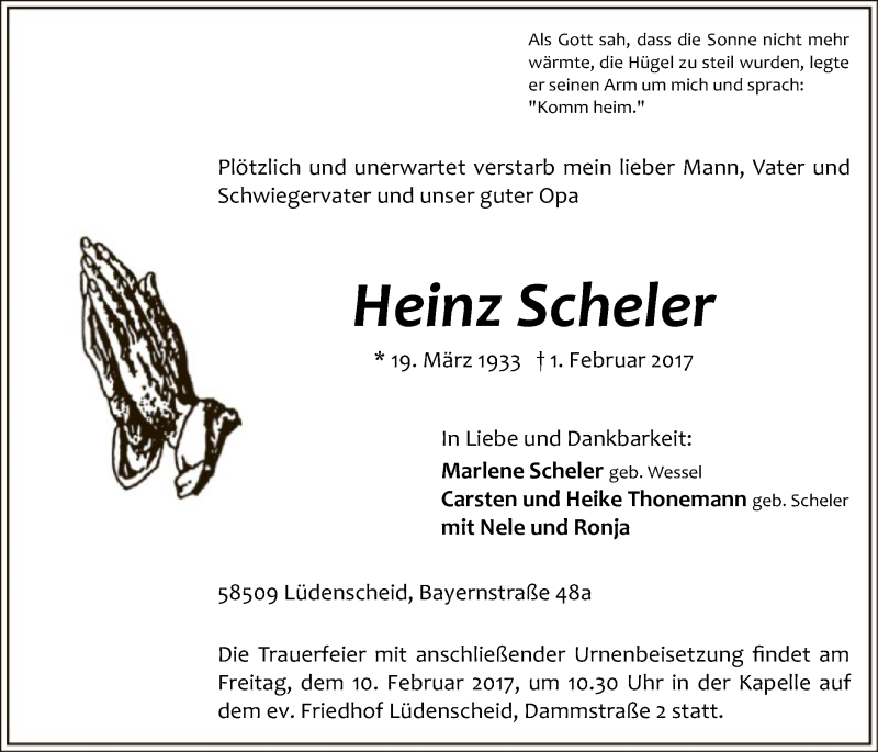  Traueranzeige für Heinz Scheler vom 06.02.2017 aus MZV