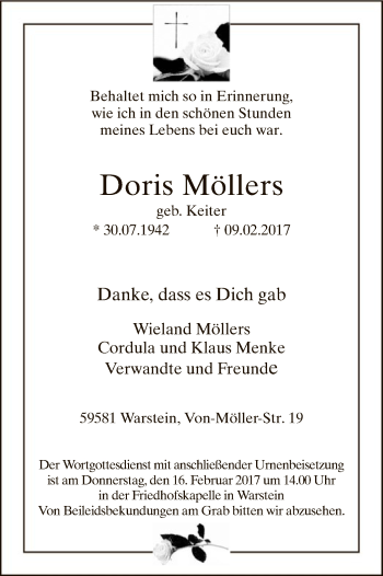 Traueranzeige von Doris Möllers von MZV