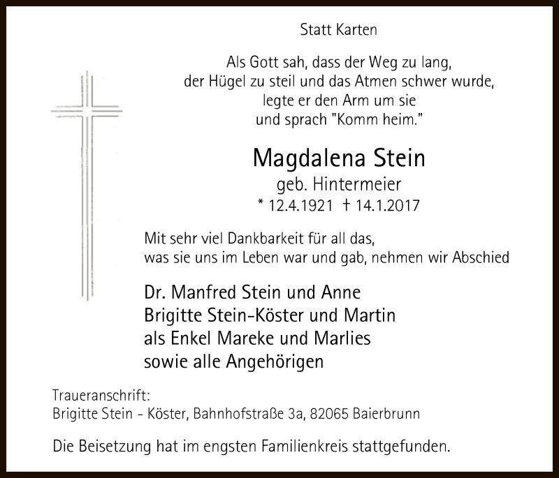  Traueranzeige für Magdalena Stein vom 11.02.2017 aus MZV