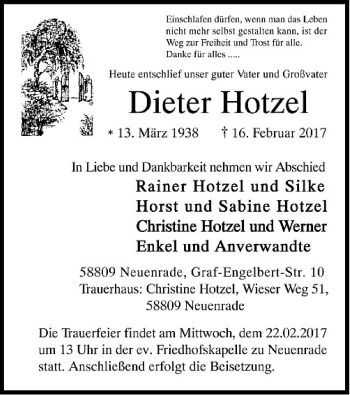 Traueranzeige von Dieter Hotzel von MZV