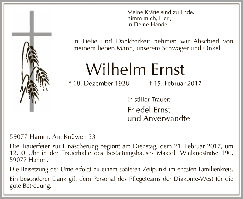  Traueranzeige für Wilhelm Ernst vom 18.02.2017 aus MZV