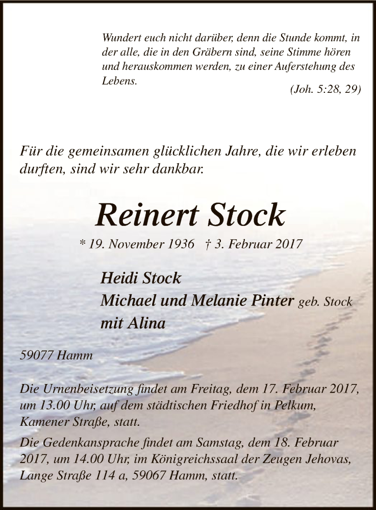  Traueranzeige für Reinert Stock vom 11.02.2017 aus MZV
