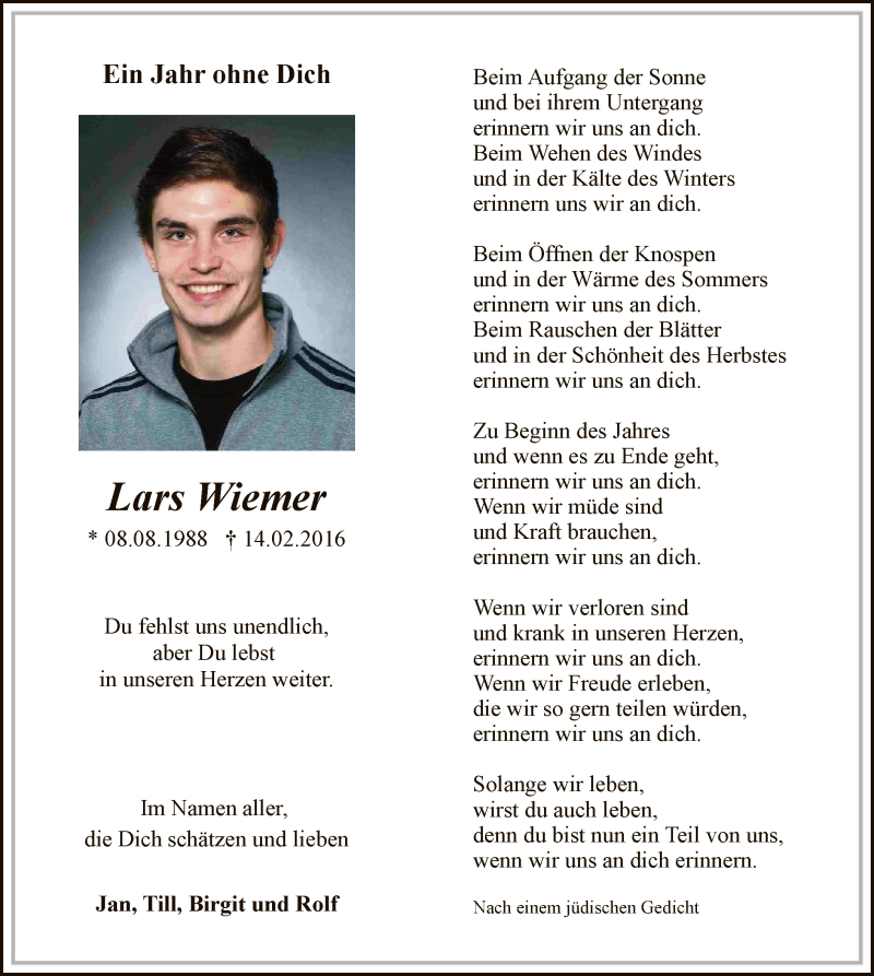  Traueranzeige für Lars Wiemer vom 14.02.2017 aus MZV