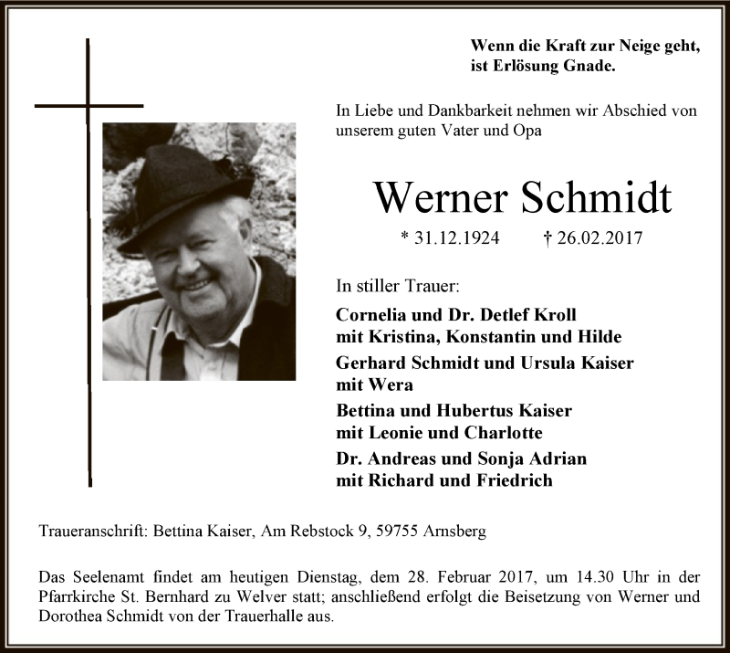  Traueranzeige für Werner Schmidt vom 28.02.2017 aus MZV