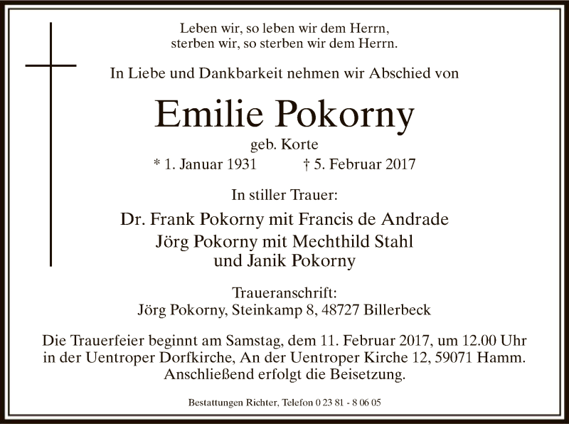  Traueranzeige für Emilie Pokorny vom 09.02.2017 aus MZV