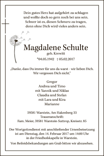Traueranzeige von Magdalene Schulte von MZV