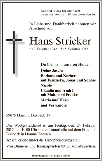 Traueranzeige von Hans Stricker von MZV