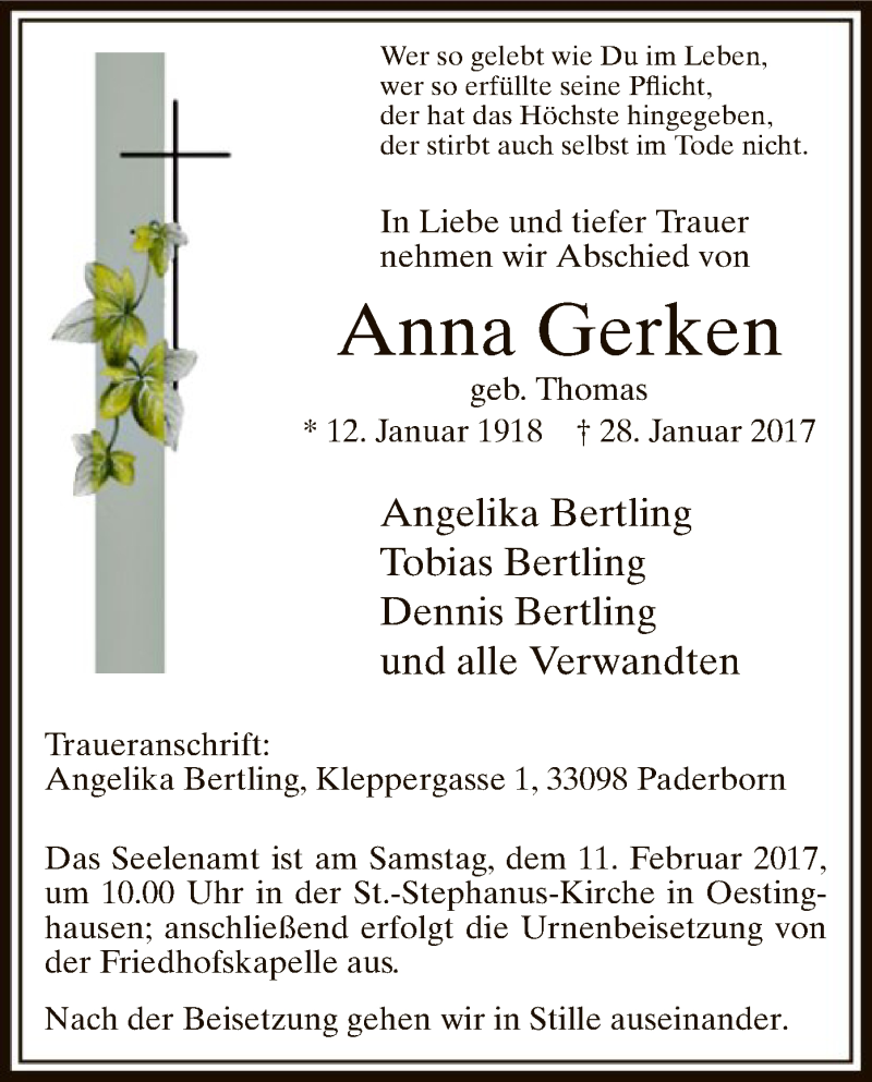  Traueranzeige für Anna Gerken vom 04.02.2017 aus MZV