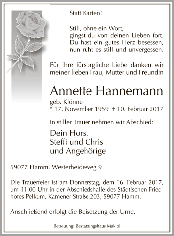 Traueranzeige von Annette Hannemann von MZV